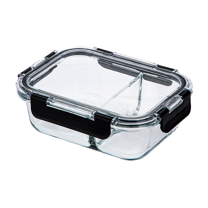 Glass Food Container with divider, Black Lid+Clear, 640ml 18*13.5*6.5Cm 4589767245337