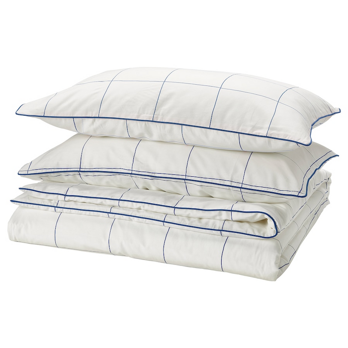 BREDVECKLARE Duvet cover and 2 pillowcases, white blue/check, 200x200/50x80 cm, 00579331