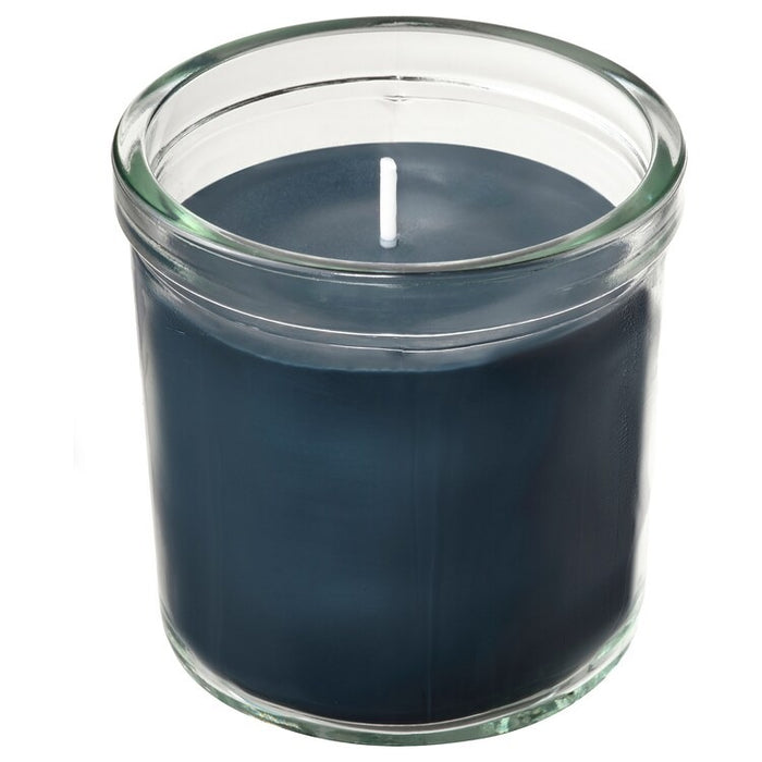 FRUKTSKOG Scented candle in glass, Vetiver & geranium/black-turquoise, 40 hr, 70555831