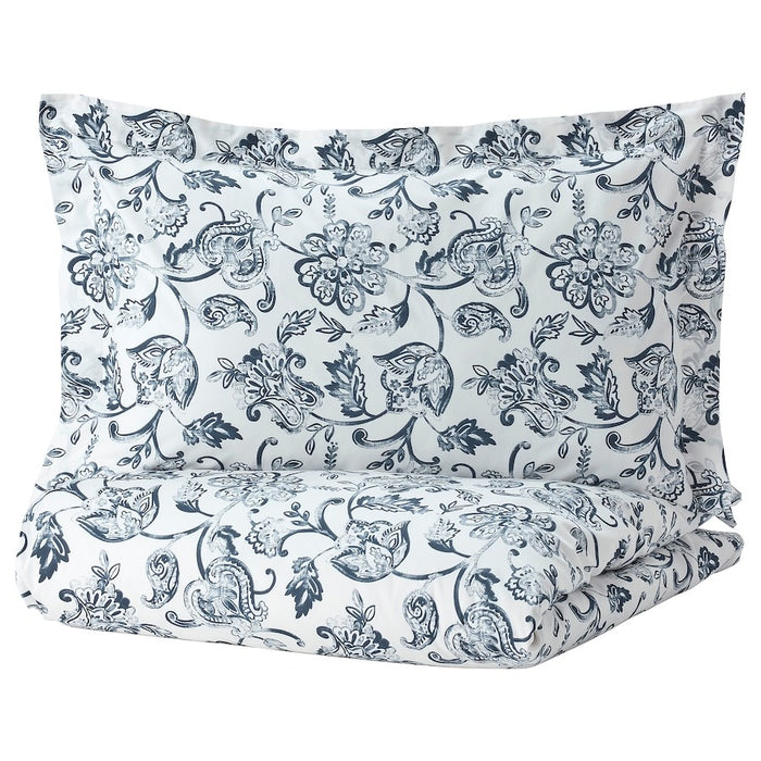 JUNIMAGNOLIA Duvet cover and 2 pillowcases, white/dark blue, 240x220/50x80 cm, 40493279