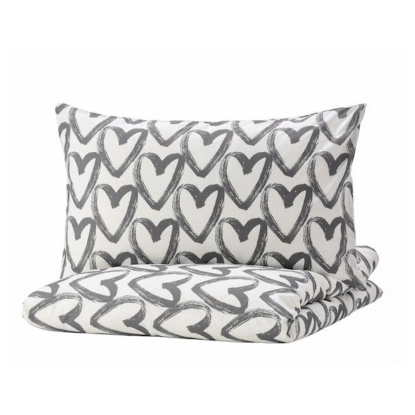 LYKTFIBBLA Duvet cover and 2 pillowcases, white/grey, 200x200/50x80 cm, 40477910