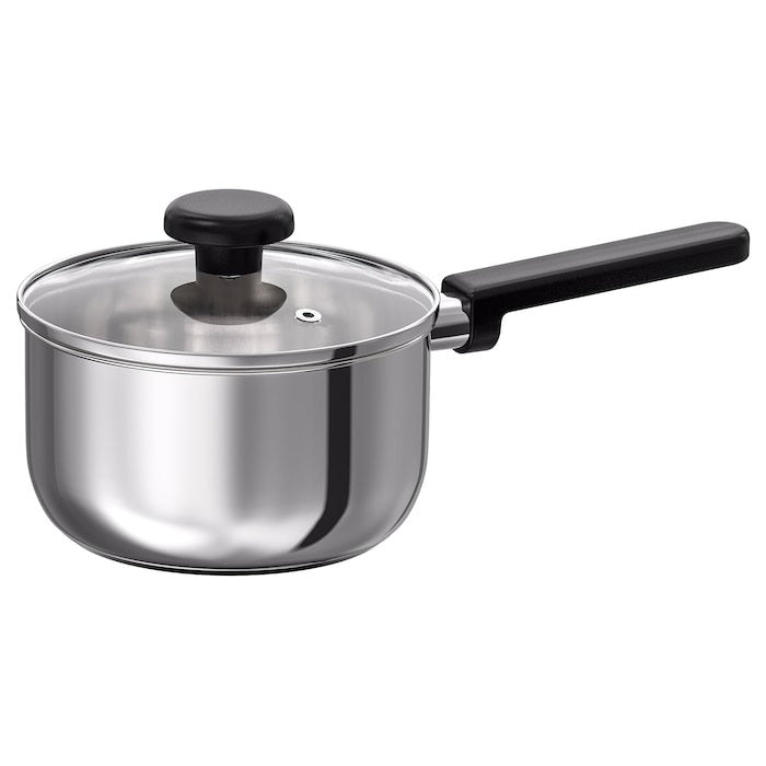 MIDDAGSMAT Saucepan with lid, clear glass/stainless steel, 2 l, 60463728