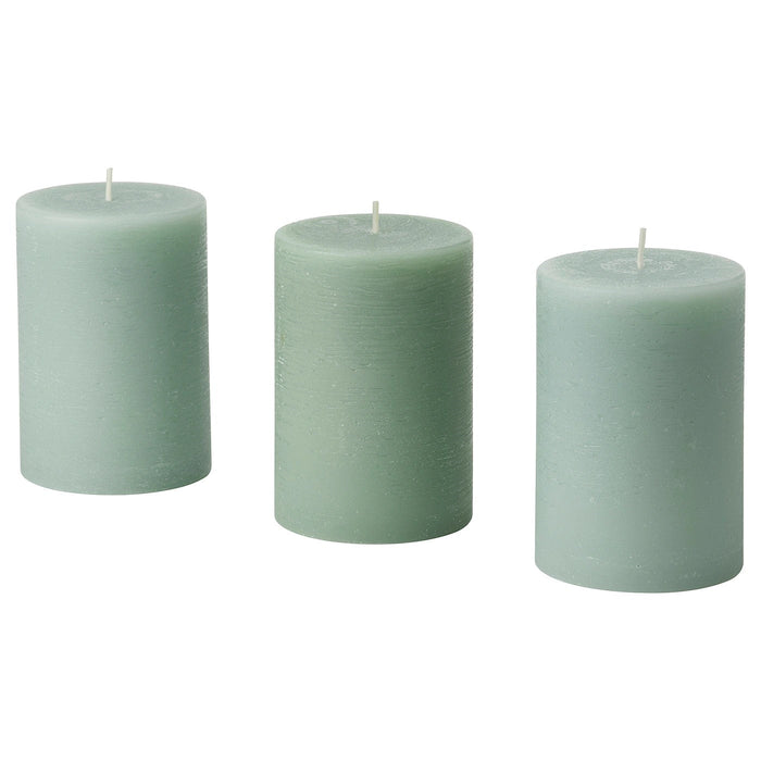 HEDERSAM Scented pillar candle, Fresh grass/light green, 30 hr, 80502314