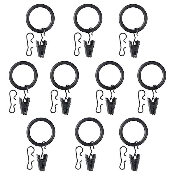 SYRLIG Curtain ring with clip and hook, black 25 mm, 90217241