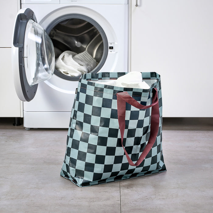 SACKKARRA carrier bag, black-blue/light grey-turquoise check pattern, 18x45x45 cm/36 l