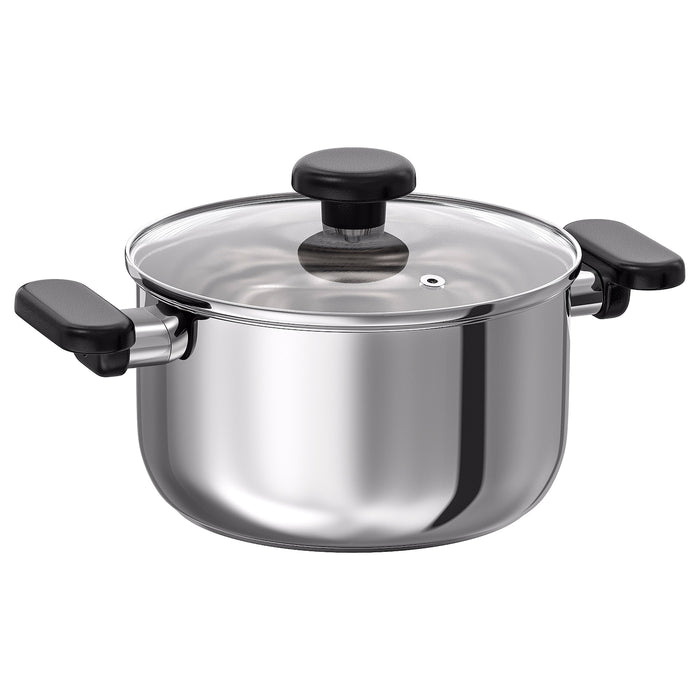 MIDDAGSMAT pot with lid, clear glass/stainless steel, 3 l