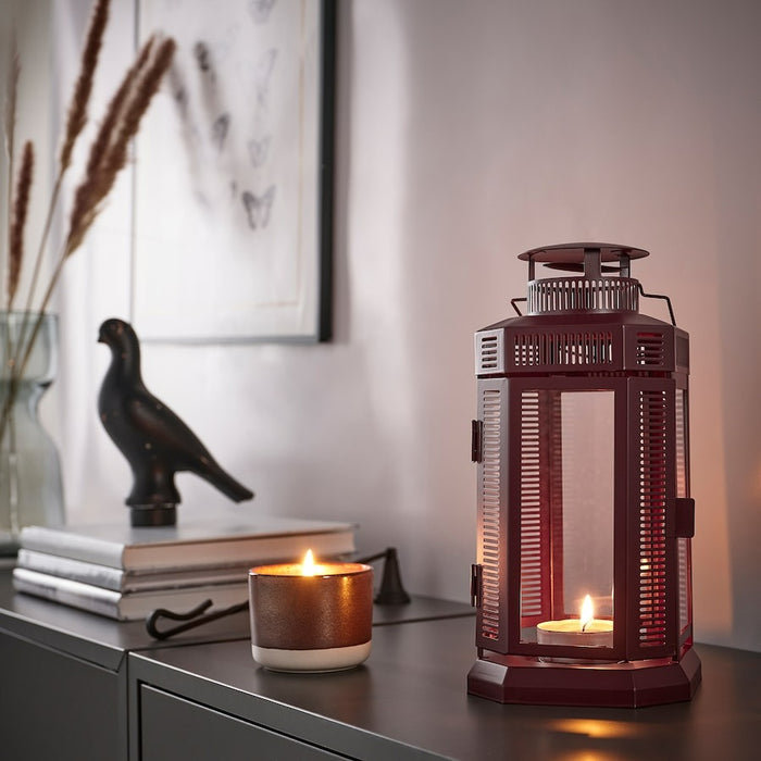 ENRUM Lantern for pillar candle, in/out, brown-red, 28 cm