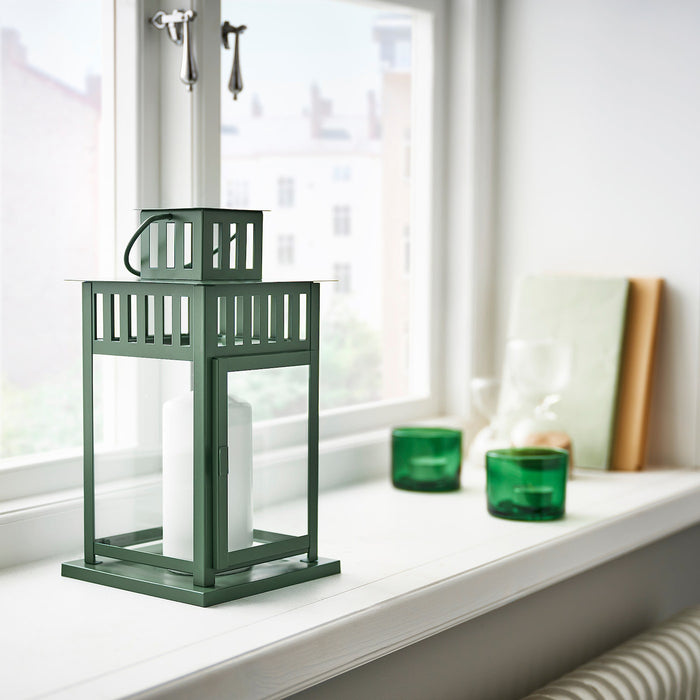 BORRBY lantern for pillar candle, in/out, green, 28 cm