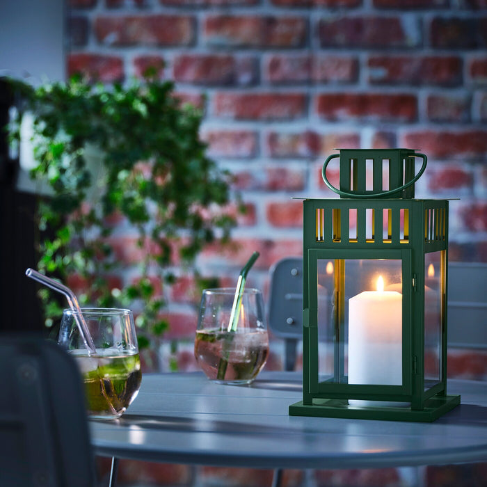 BORRBY lantern for pillar candle, in/out, green, 28 cm