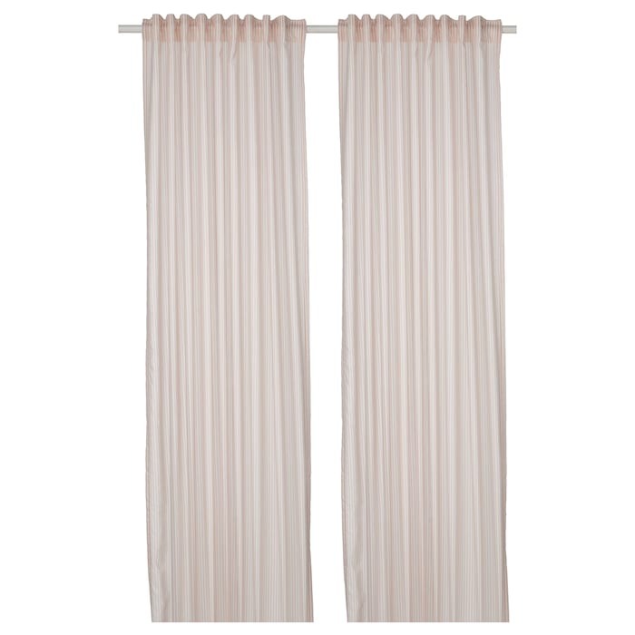 BYMOTT Curtains, 1 pair, white/beige striped 120x250 cm