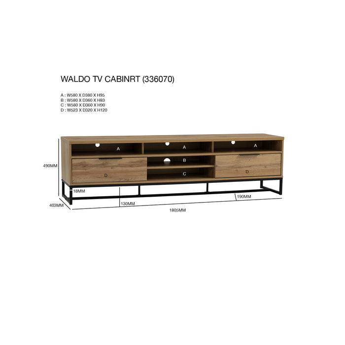 WALDO TV bench, black/wotan oak, 180.5x40.5x49 cm, 336070