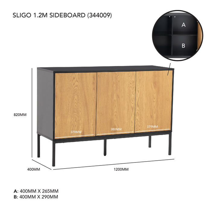 SLIGO Sideboard with 3 door, black/oak, 120x40x82 cm, 344009