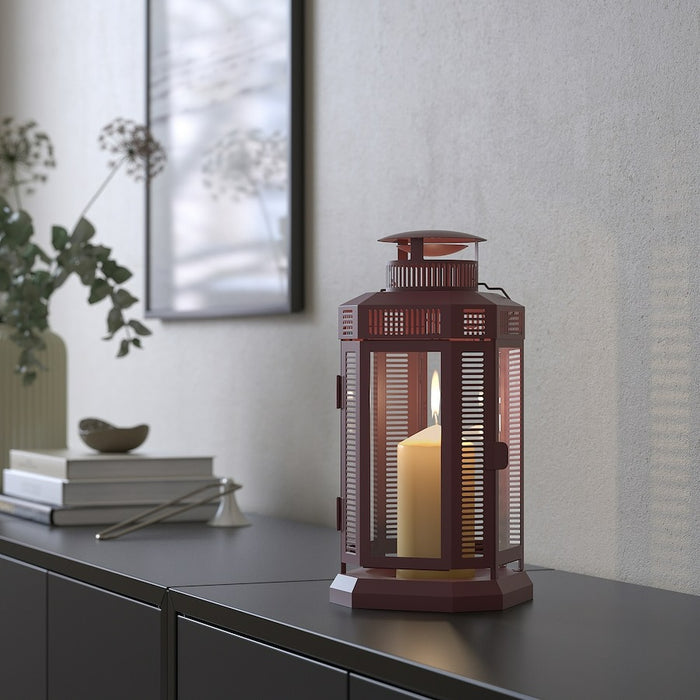 ENRUM Lantern for pillar candle, in/out, brown-red, 28 cm