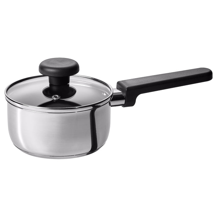 MIDDAGSMAT saucepan with lid, non-stick coating clear glass/stainless steel, 1 l