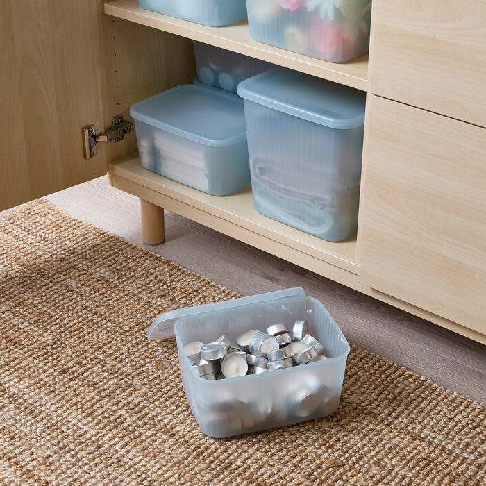 RYKTA storage box with lid, transparent grey-blue, 18x24x12 cm/3.5 l