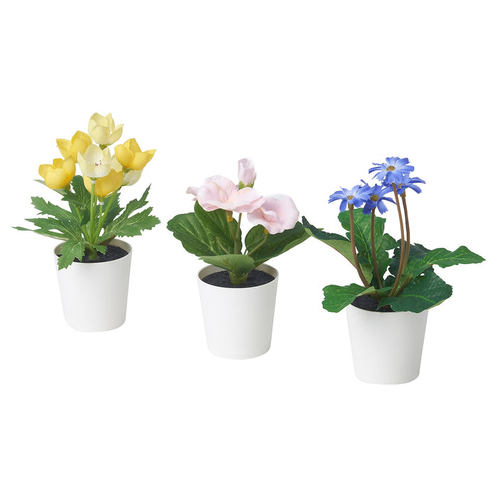 FEJKA artifi potted plant w pot, set of 3, in/outdoor yellow/pink purple, 6 cm