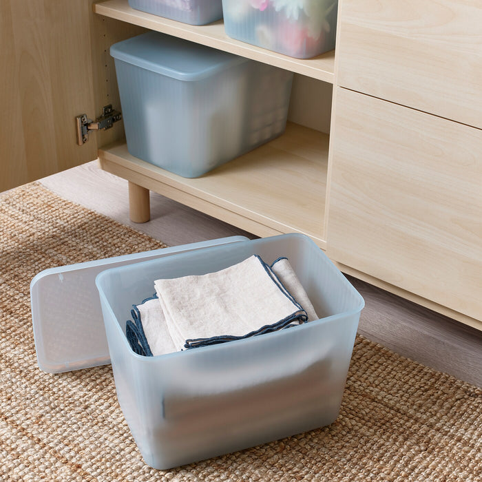 RYKTA storage box with lid, transparent grey-blue, 24x36x23 cm/14.5 l