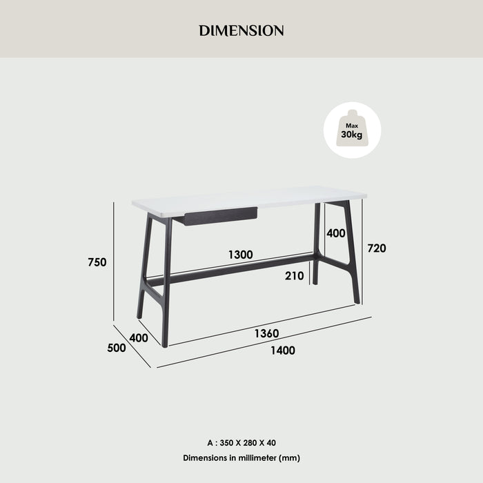 MOREY Working Desk, Oak/Ash Veneer, 140x50x75 cm, 1349032