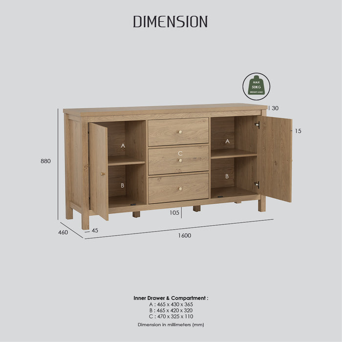 RHODES Sideboard, oak, 160x46x88 cm, 345045