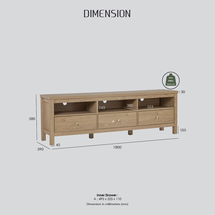 RHODES TV bench, oak, 180x39x58 cm, 336048