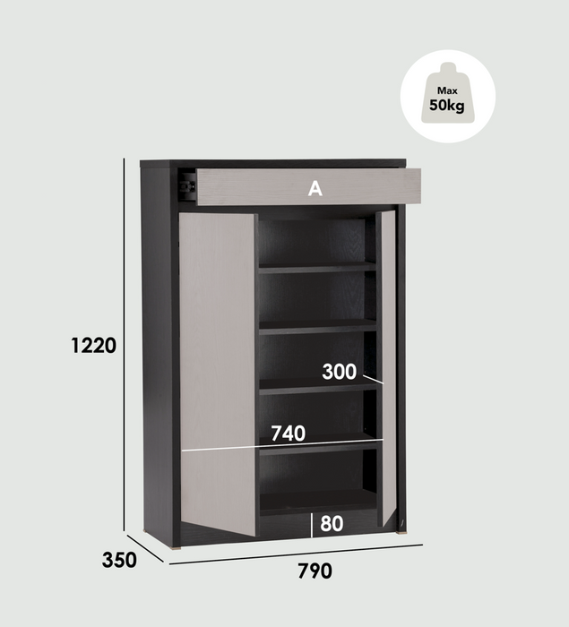 HABIB 2-door Shoe Cabinet, black/light grey, 79x35x122cm, 372023