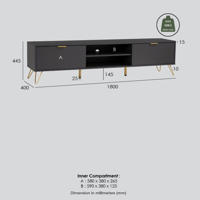 VOLOS TV bench, black/gold, 180x40x44.3 cm, 336046