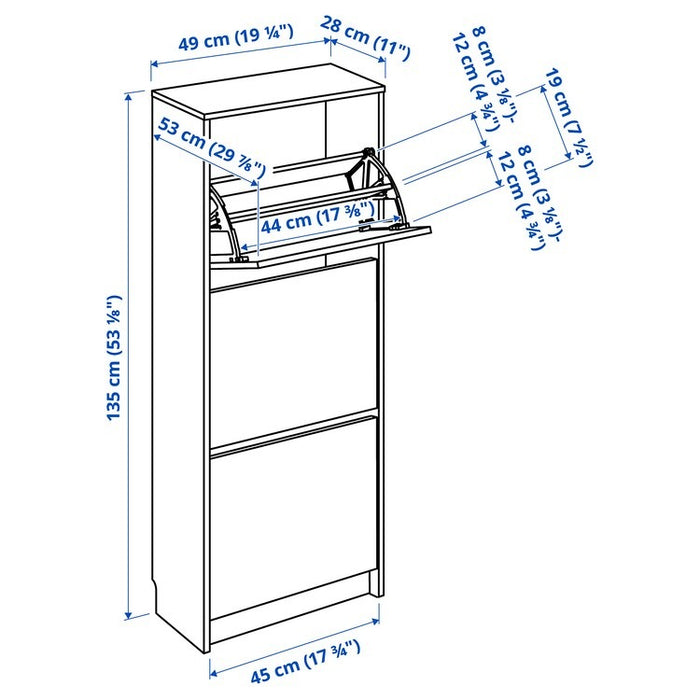 BISSA Shoe cabinet with 3 compartments, black/brown 49x28x135 cm