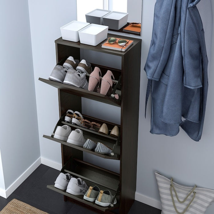 BISSA Shoe cabinet with 3 compartments, black/brown 49x28x135 cm