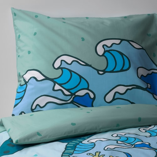 BLAVINGAD Duvet cover and pillowcase, turtle pattern/turquoise, 150x200/50x80 cm, 20521117