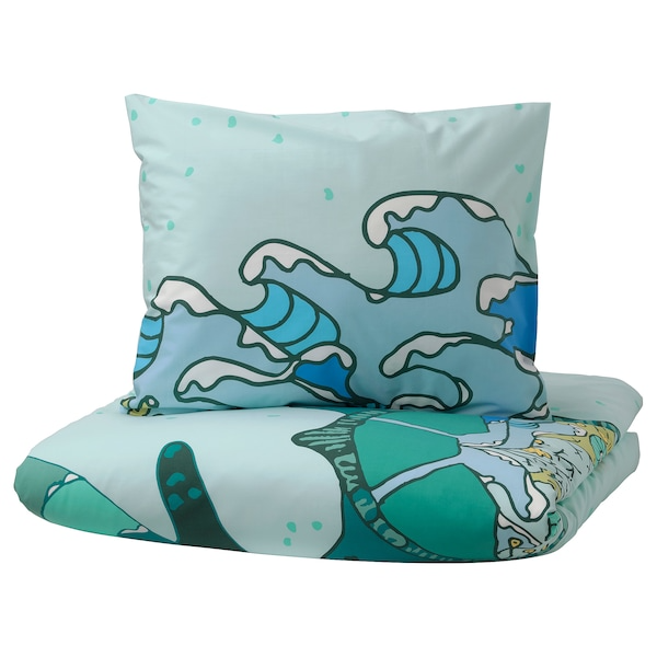 BLAVINGAD Duvet cover and pillowcase, turtle pattern/turquoise, 150x200/50x80 cm, 20521117