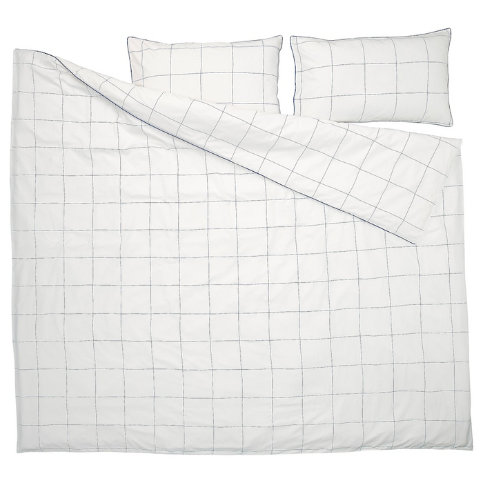 BREDVECKLARE Duvet cover and 2 pillowcases, white blue/check, 200x200/50x80 cm