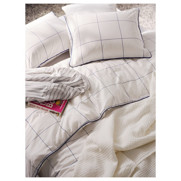 BREDVECKLARE Duvet cover and 2 pillowcases, white blue/check, 200x200/50x80 cm