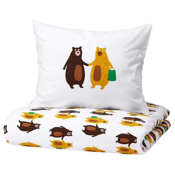 BRUMMIG Duvet cover and pillowcase, bear pattern yellow/brown, 150x200/50x80 cm, 70521148