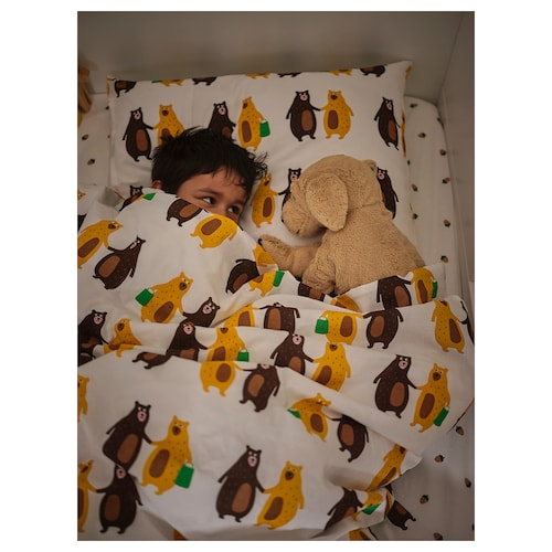 BRUMMIG Duvet cover and pillowcase, bear pattern yellow/brown, 150x200/50x80 cm, 70521148