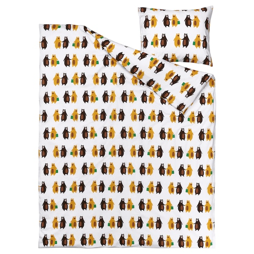 BRUMMIG Duvet cover and pillowcase, bear pattern yellow/brown, 150x200/50x80 cm, 70521148