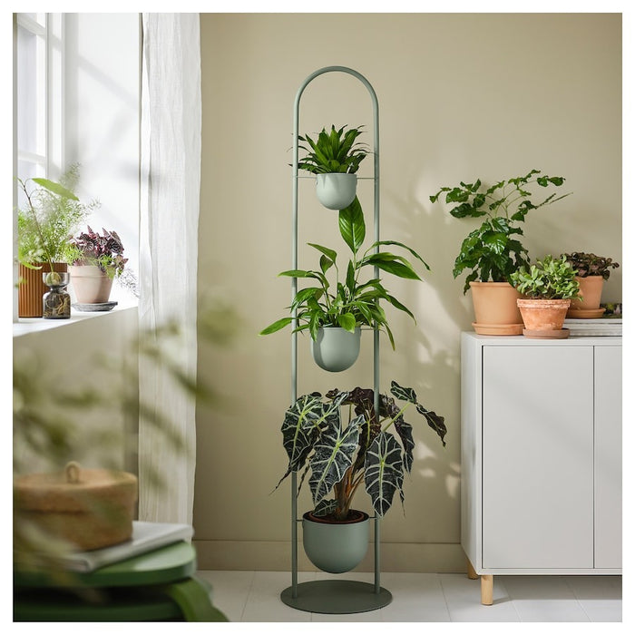 DAKSJUS plant stand with 3 plant pots, in/outdoor light grey-green