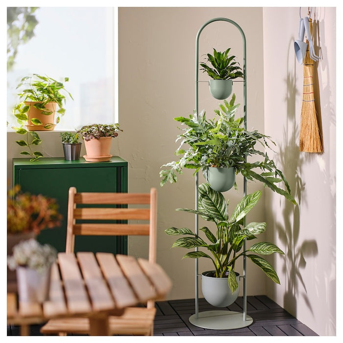 DAKSJUS plant stand with 3 plant pots, in/outdoor light grey-green