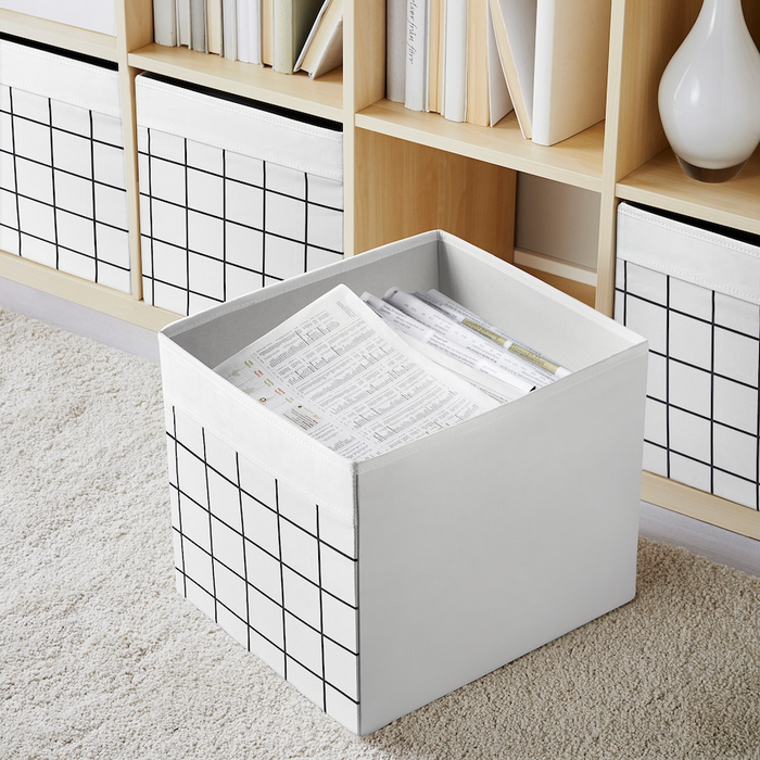 DRONA Box, white/check pattern, 33x38x33 cm