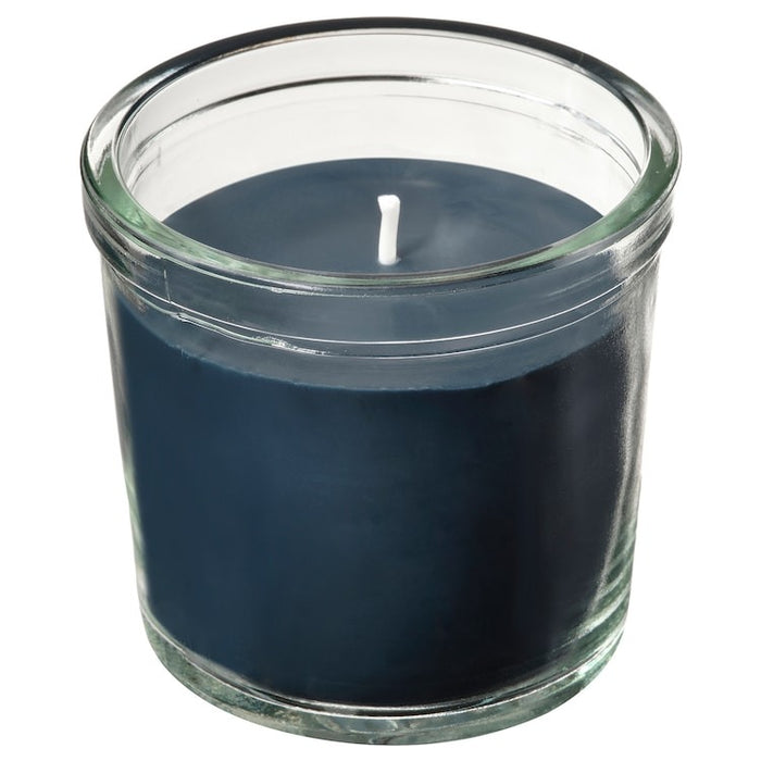 FRUKTSKOG Scented candle in glass, Vetiver & geranium/black-turquoise, 40 hr