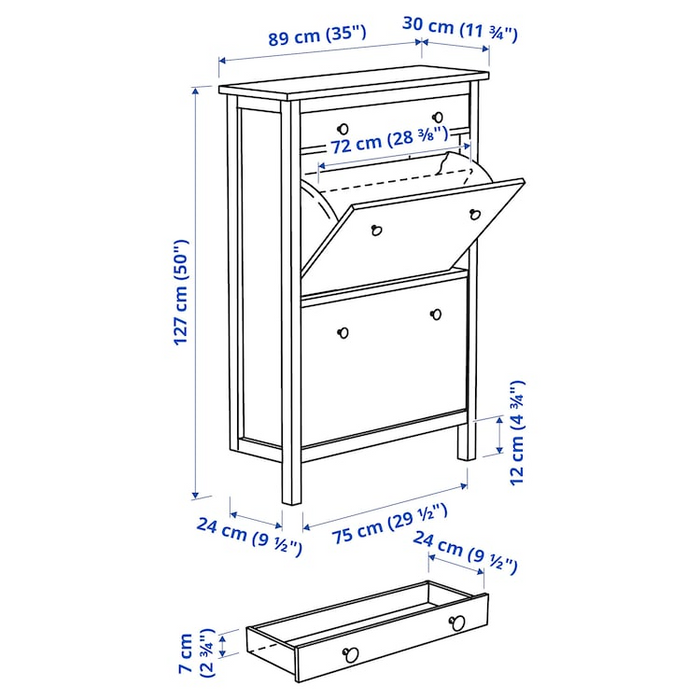 HEMNES Shoe cabinet with 2 compartments, white, 89x30x127 cm, 00169560