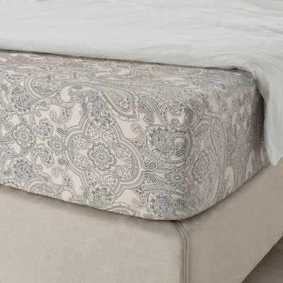 JATTEVALLMO Fitted sheet, beige/dark grey, 150x200 cm