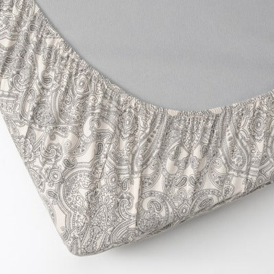 JATTEVALLMO Fitted sheet, beige/dark grey, 150x200 cm