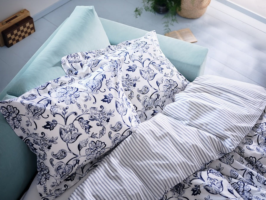 JUNIMAGNOLIA Duvet cover and 2 pillowcases, white/dark blue, 240x220/50x80 cm