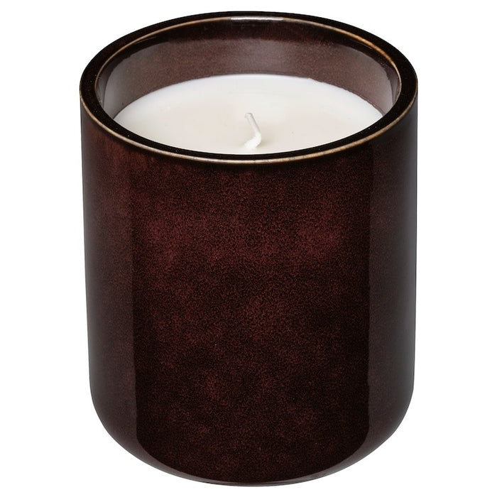 KOPPARLONN Scented candle in ceramic jar, almond & cherry/brown-red, 45 hr