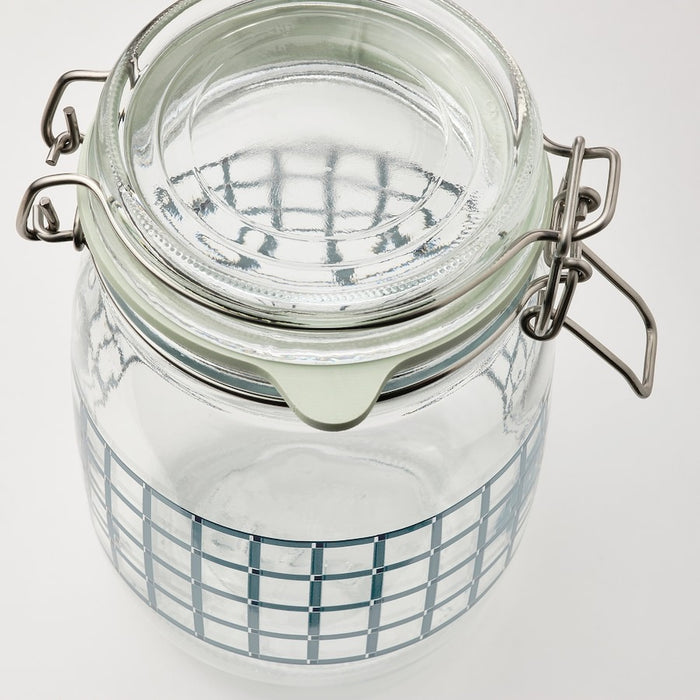 KORKEN jar with lid, clear glass/check pattern grey-blue, 1 l