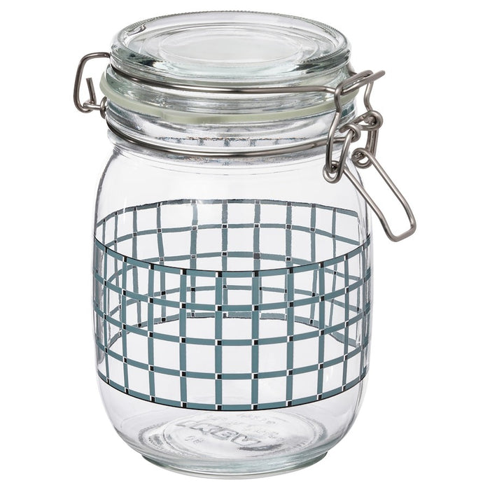 KORKEN jar with lid, clear glass/check pattern grey-blue, 1 l