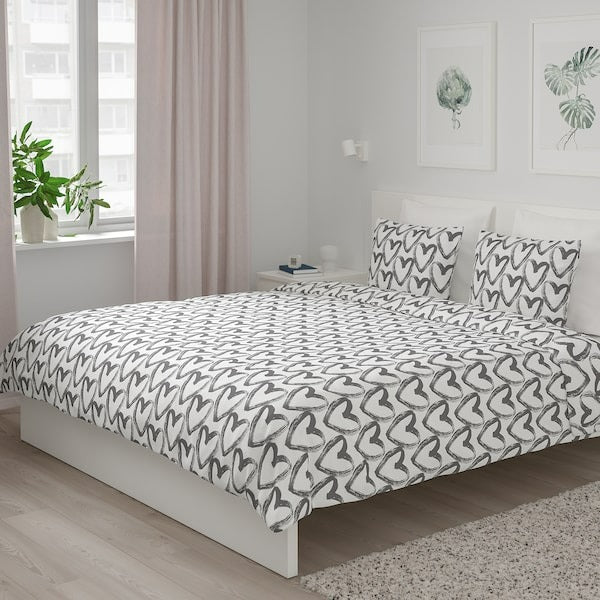 LYKTFIBBLA Duvet cover and 2 pillowcases, white/grey, 200x200/50x80 cm