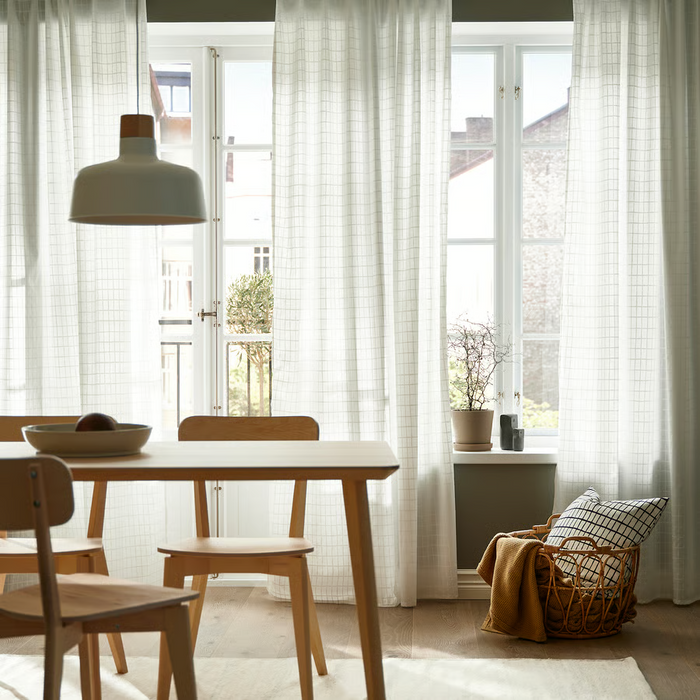 MASTERROT Curtains, 1 pair, white/grid with heading tape, 145x250 cm, 70602564