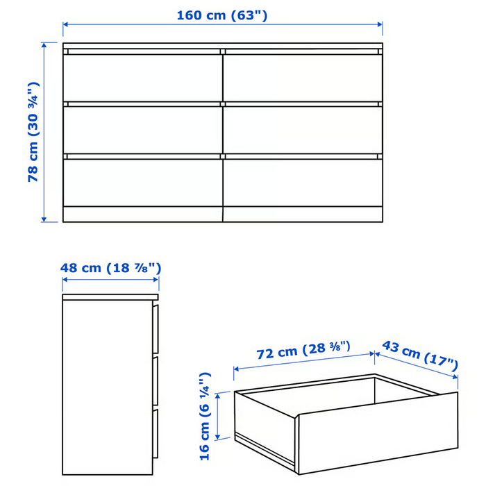 MALM Chest of 6 drawers, white stained oak veneer, 160x78 cm, 50354664