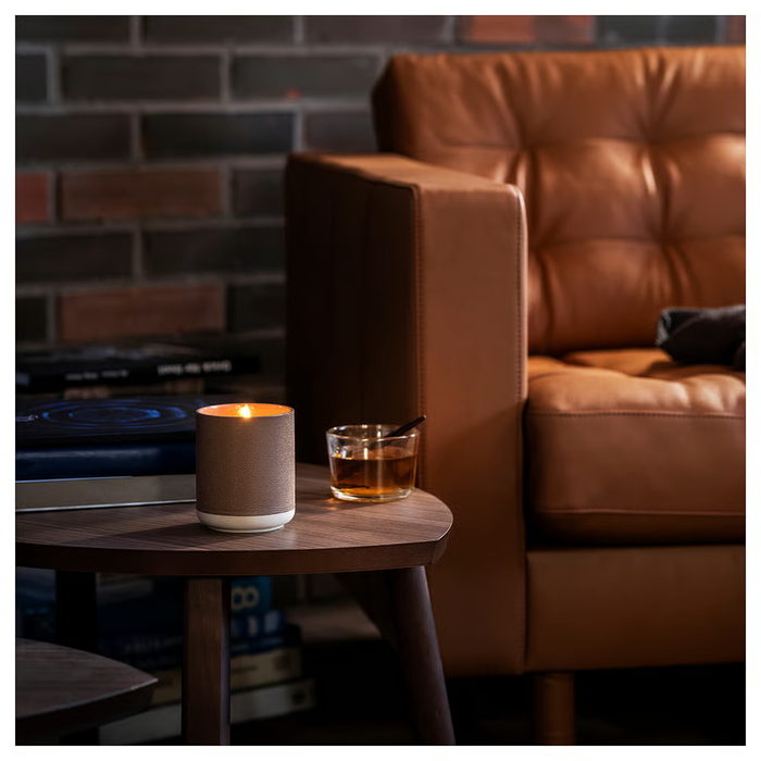 SILKESTRAD Scented candle in ceramic jar, leather & vanilla/brown, 45 hr, 00570397
